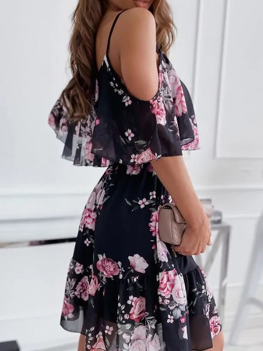 Bloemenjurk met Ontblote Schouders en Ruffles