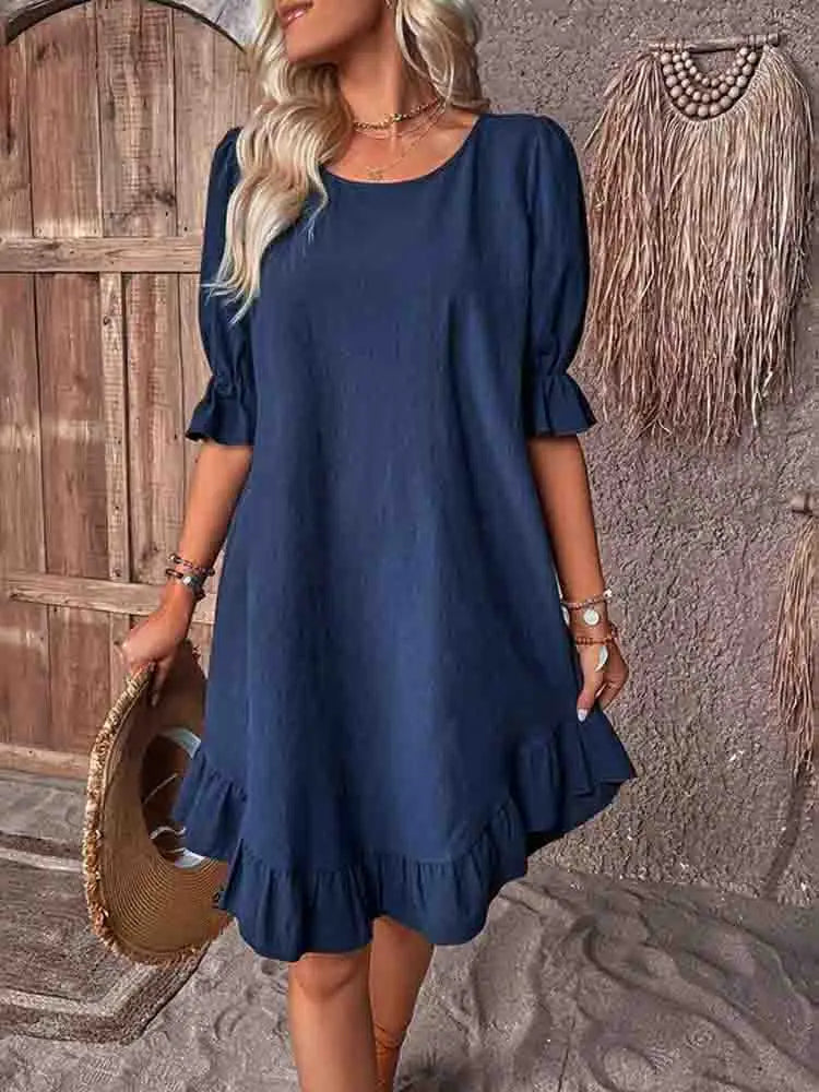 Jurk met ruffles en 3/4 mouwen