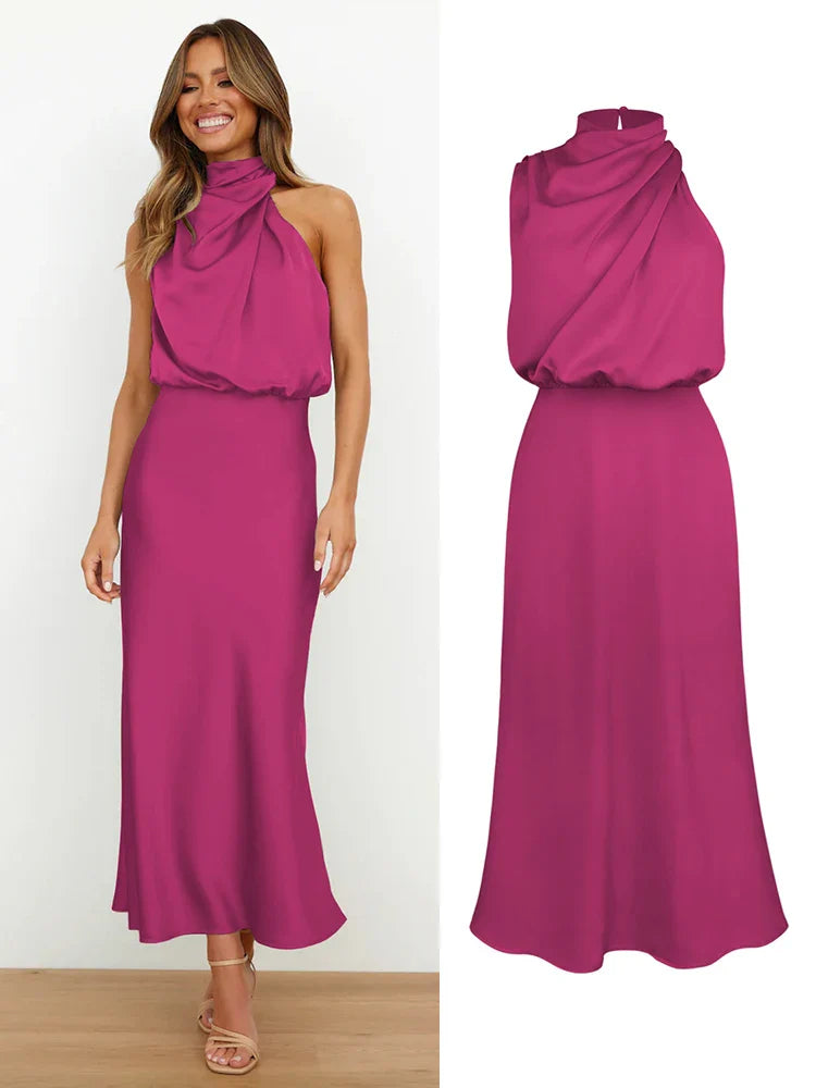 Elegante satijnen midi-jurk met asymmetrische halslijn