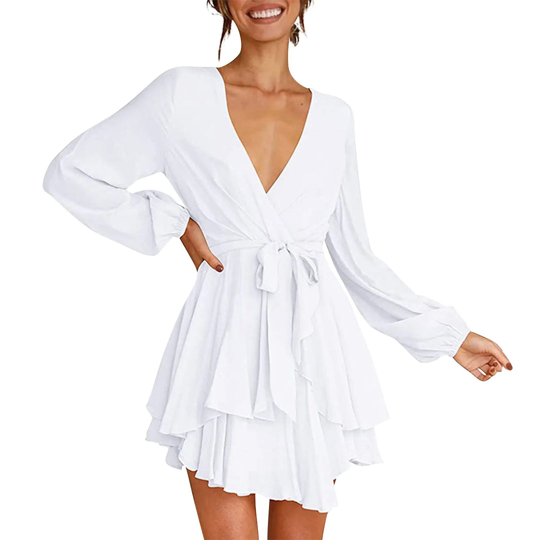 Dames elegante mini jurk met ruffles en omslagdecolleté