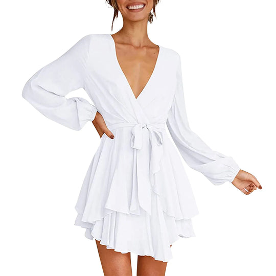 Dames elegante mini jurk met ruffles en omslagdecolleté