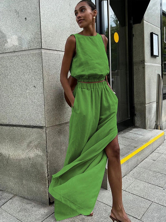 Dames | Linnen Set | Mouwloze Crop Top | Lange Broek | Stijlvol | Chic | Trendy