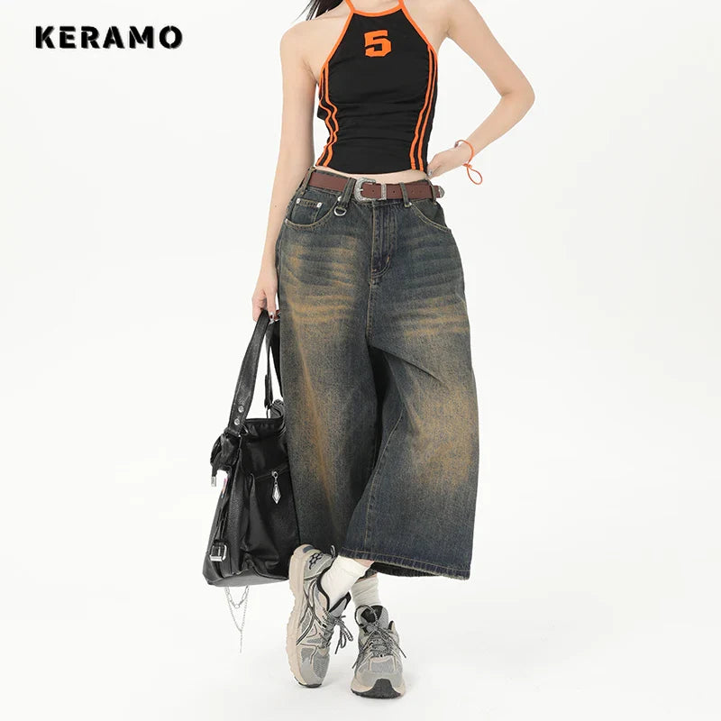 Dames Jeans Culottes met Verouderingseffect