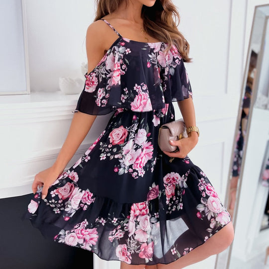 Bloemenjurk met Ontblote Schouders en Ruffles