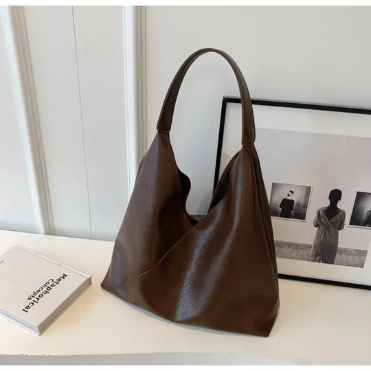 Leren shopper tas met brede handgreep