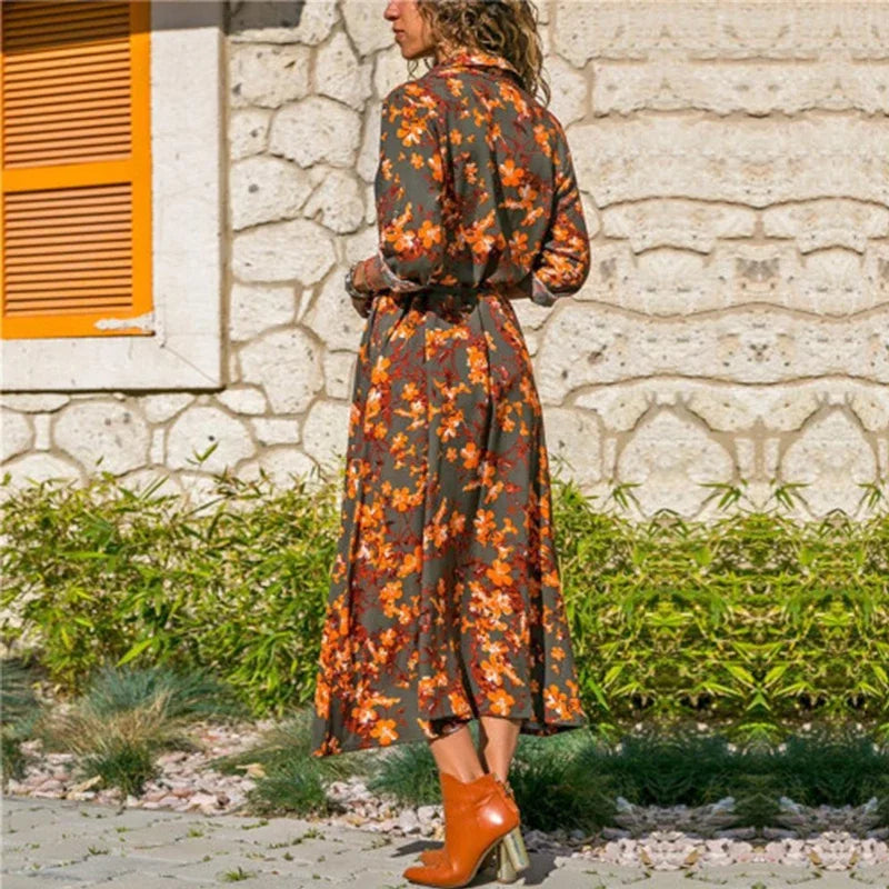 Herfst Maxi Jurk met Bloemenpatroon en Kraag