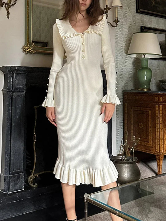 Dames getailleerde midi-jurk met ruffles en lange mouwen