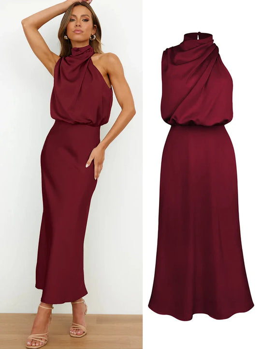 Elegante satijnen midi-jurk met asymmetrische halslijn