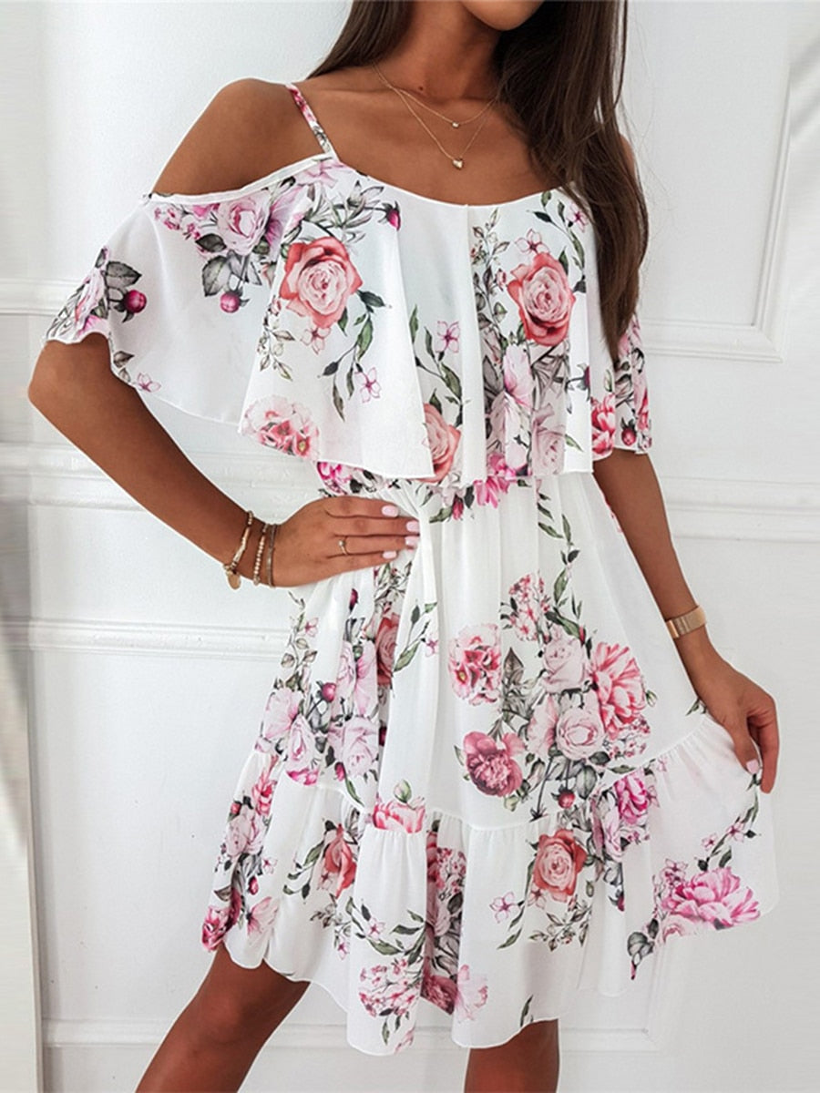 Bloemenjurk met Ontblote Schouders en Ruffles