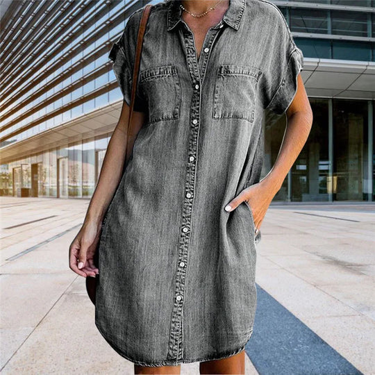 Dames Jeans Jurk met Korte Mouwen en Zakken