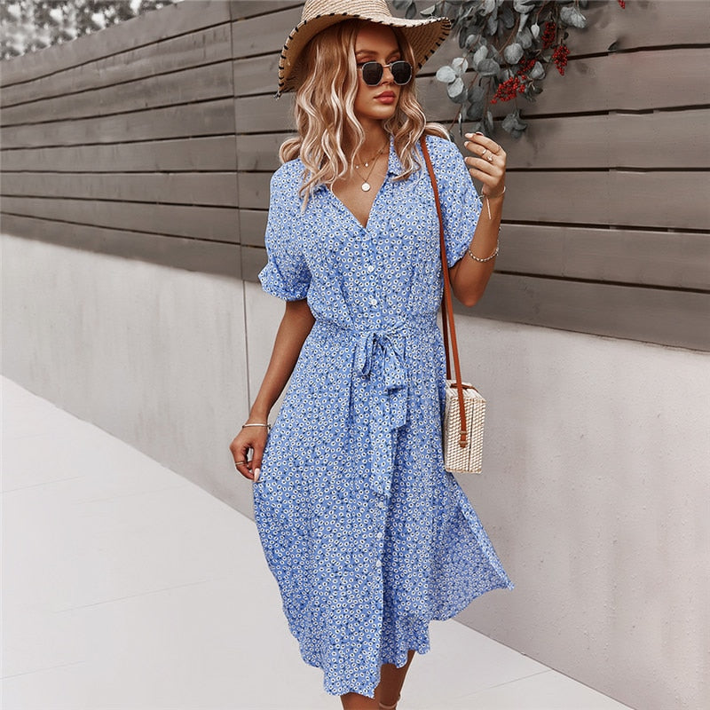 Bloemen Midi Jurk met Strik en Asymmetrische Onderkant