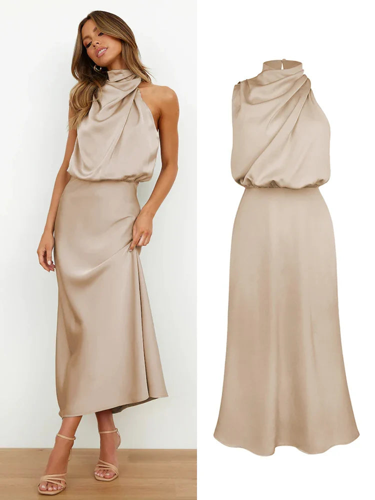 Elegante satijnen midi-jurk met asymmetrische halslijn