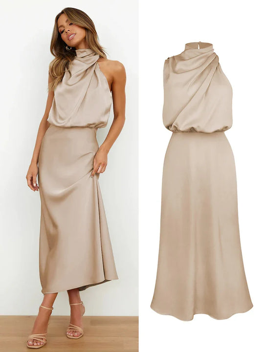 Elegante satijnen midi-jurk met asymmetrische halslijn