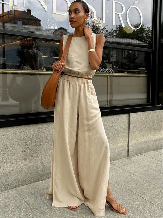 Dames | Linnen Set | Mouwloze Crop Top | Lange Broek | Stijlvol | Chic | Trendy