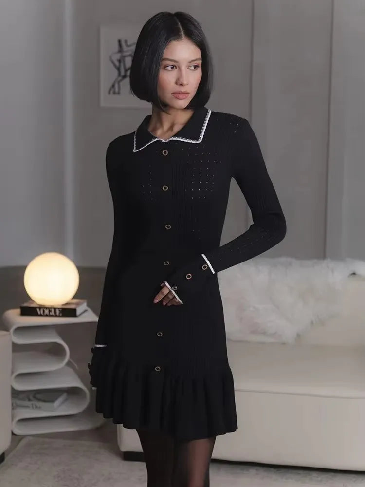 Dames getailleerde midi-jurk met ruffles en lange mouwen