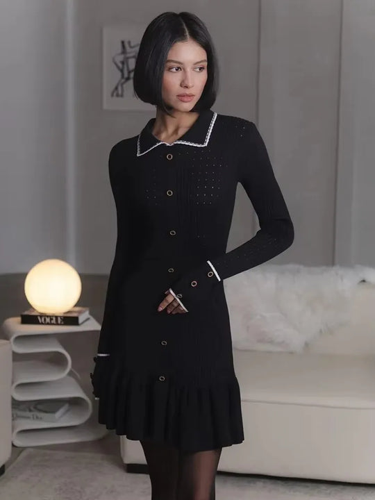 Dames getailleerde midi-jurk met ruffles en lange mouwen