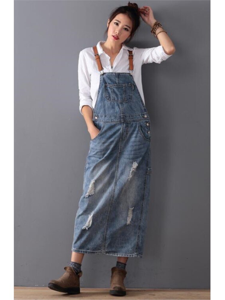 Jeans Tuinbroek Jurk met Slijtage