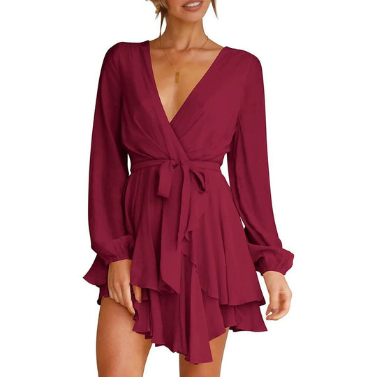 Dames elegante mini jurk met ruffles en omslagdecolleté
