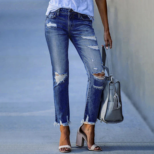 Dames Versleten Capri Jeans met Franje