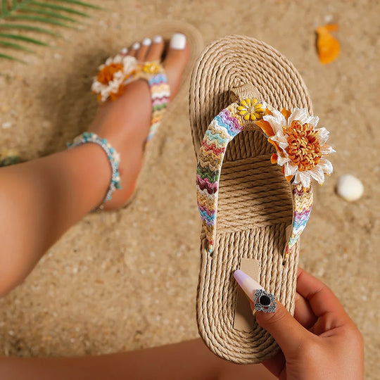 Dames sandalen op espadrille zool met bloemenaccent