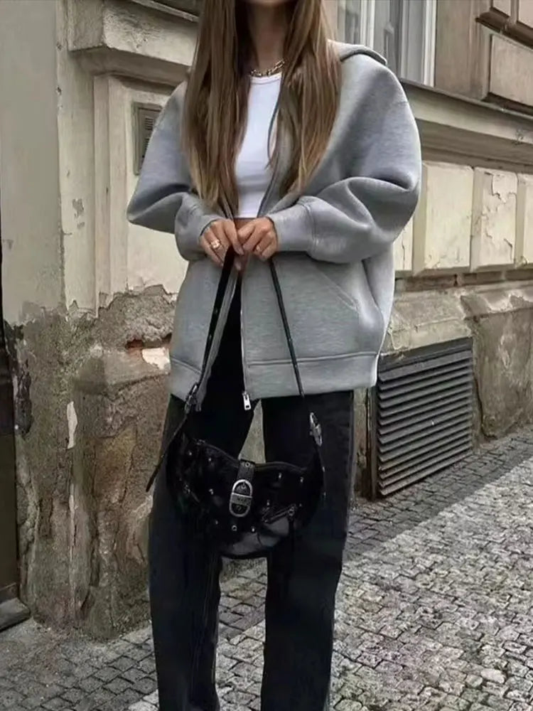 Dames Oversized Zip-Up Hoodie met Trekkoord Capuchon en Zakken