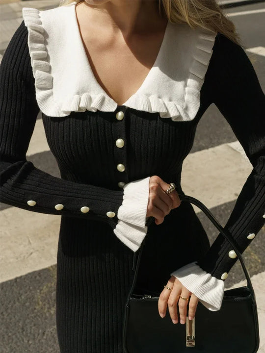 Dames getailleerde midi-jurk met ruffles en lange mouwen