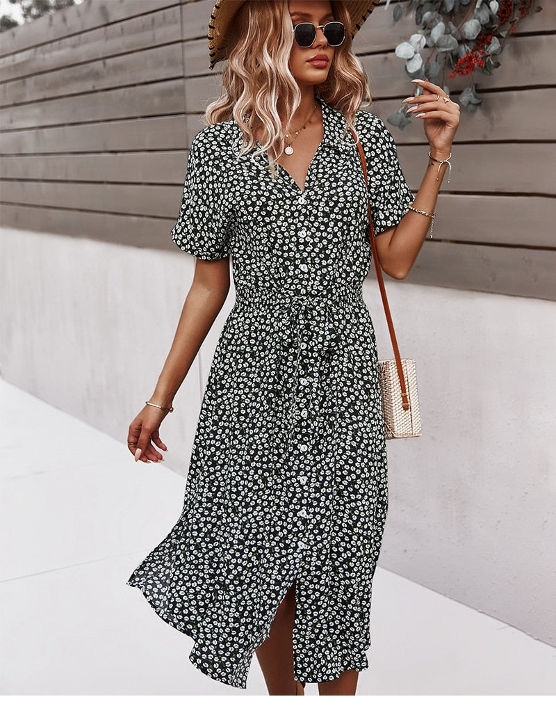 Bloemen Midi Jurk met Strik en Asymmetrische Onderkant
