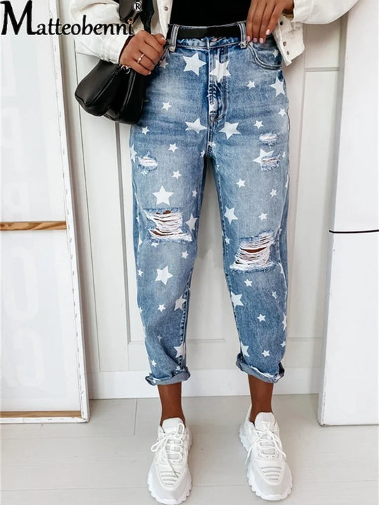 Dames Jeans met Sterrenpatroon en Slijtage