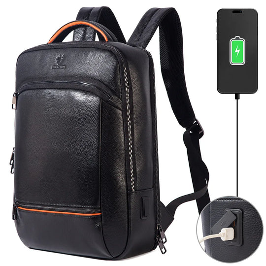 Runderleren Laptop Rugzak | Duurzame Business Rugzak met USB Oplaadpoort | Multifunctionele Reistas