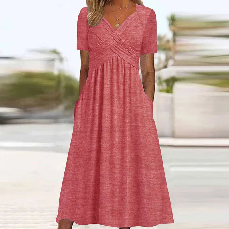 Elegante Midi Jurk met Korte Mouwen en Zakken