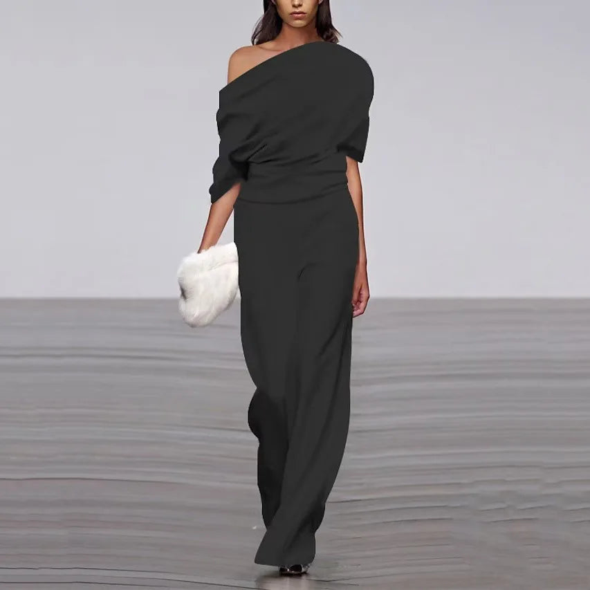 Vrouwen Off-Shoulder Elegante Jumpsuit met Gedrapeerde Top en Brede Benen