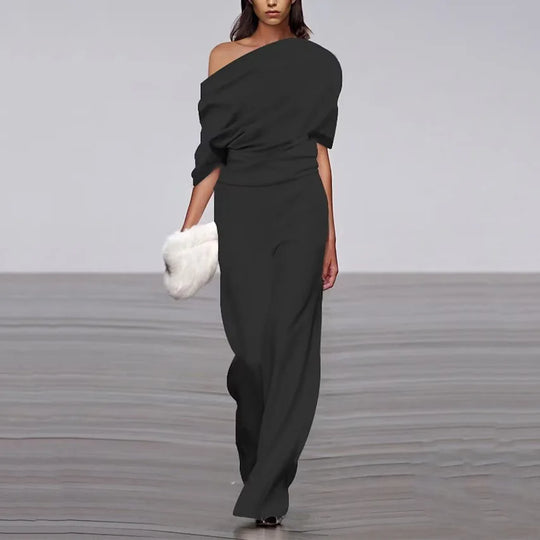 Vrouwen Off-Shoulder Elegante Jumpsuit met Gedrapeerde Top en Brede Benen