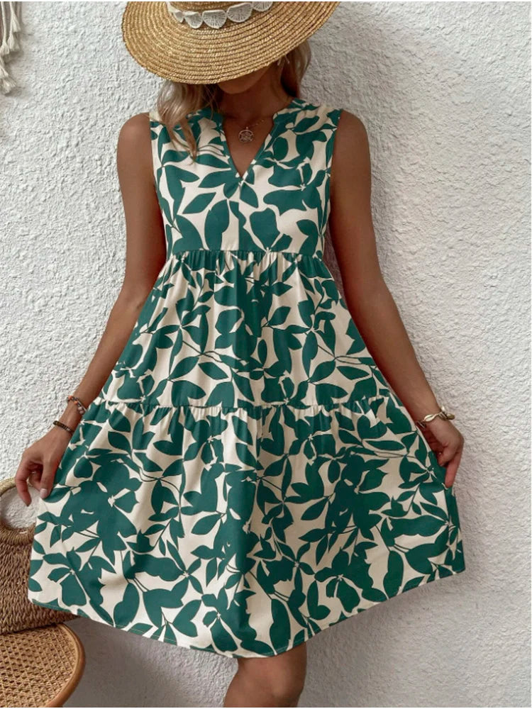Zomerjurk met plantenprint en zonder mouwen