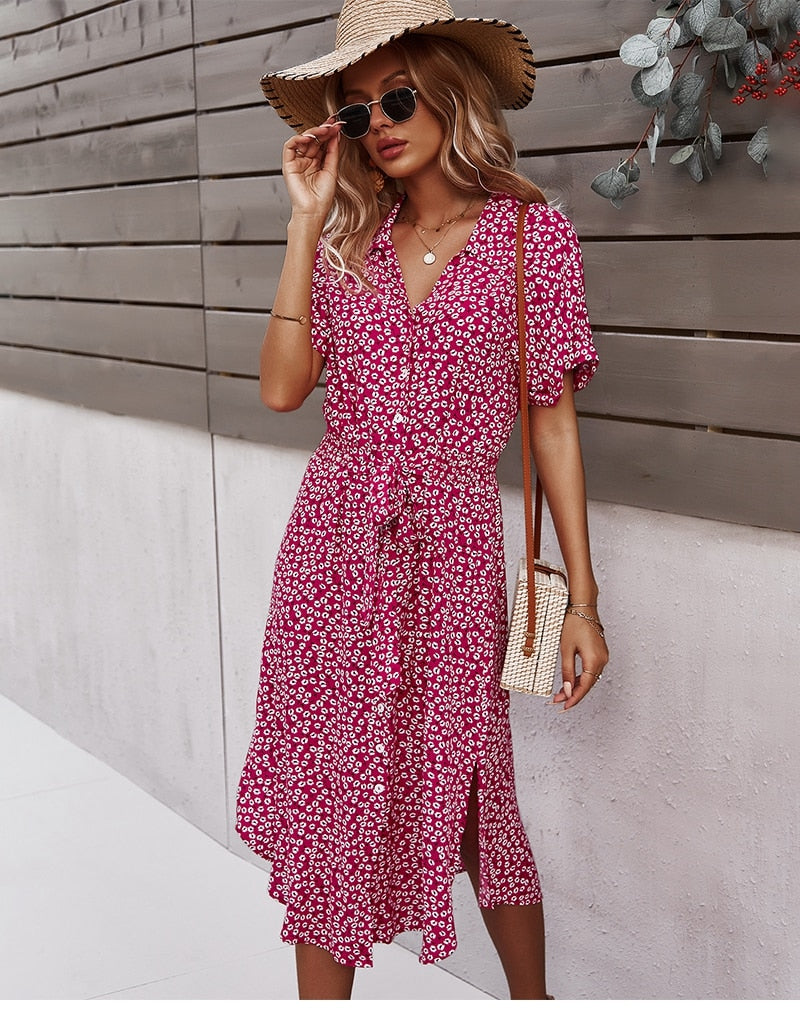 Bloemen Midi Jurk met Strik en Asymmetrische Onderkant