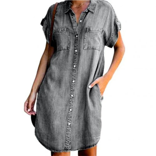 Dames Jeans Jurk met Korte Mouwen en Zakken