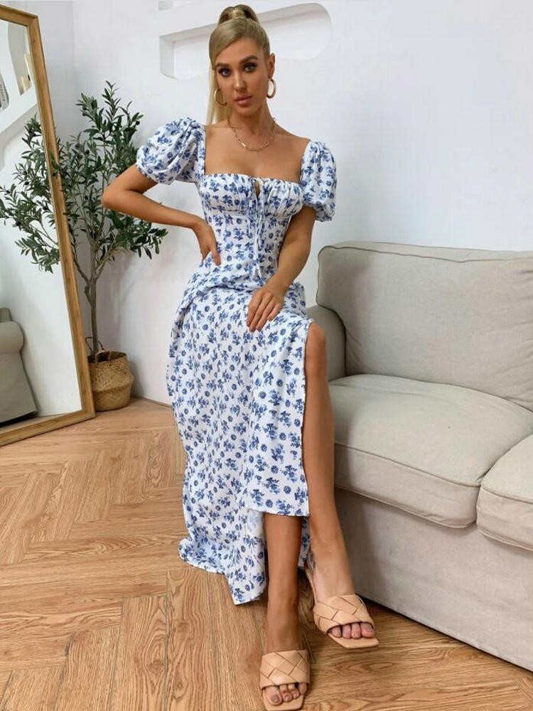 Bloemen midi-jurk met puffmouwen