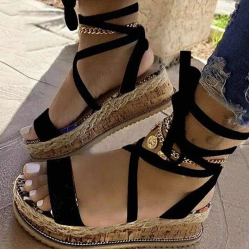 Dames Sandalen op Platform met Gevlochten Zolen en Vetersluiting