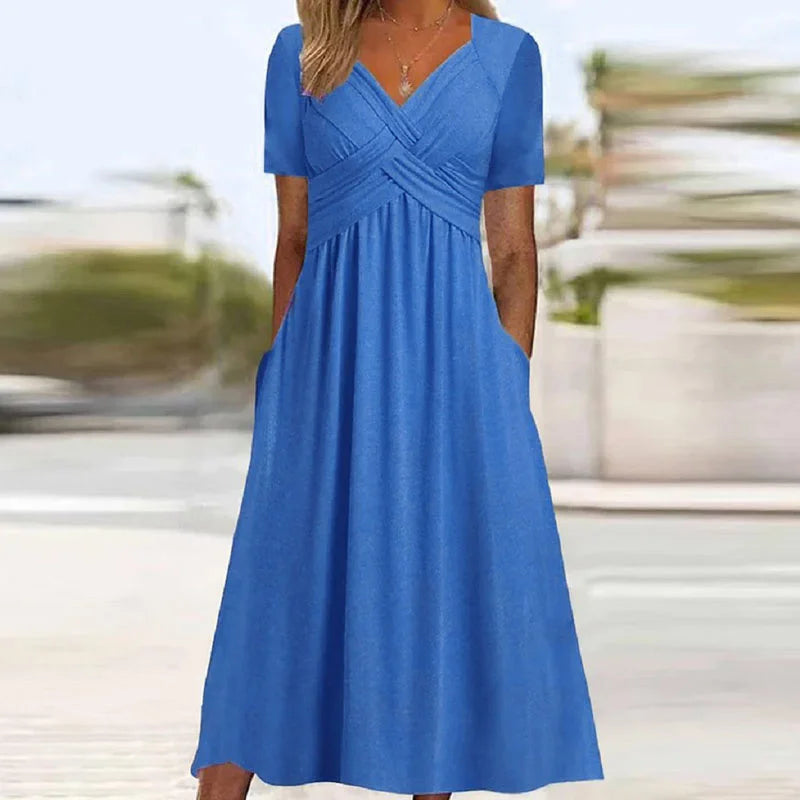 Elegante Midi Jurk met Korte Mouwen en Zakken