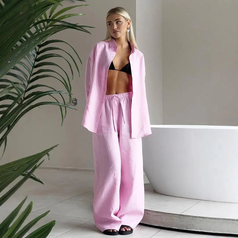 Dames | Linnen Set | Lange Mouwen Shirt | Lange Broek | Stijlvol | Chic | Comfortabel