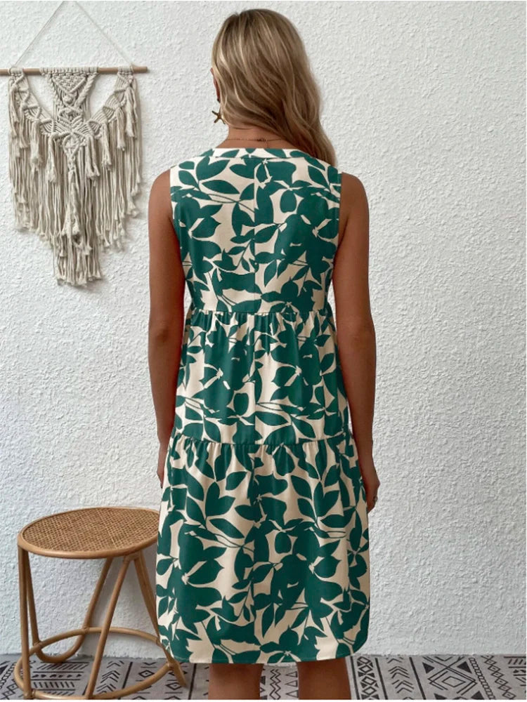 Zomerjurk met plantenprint en zonder mouwen