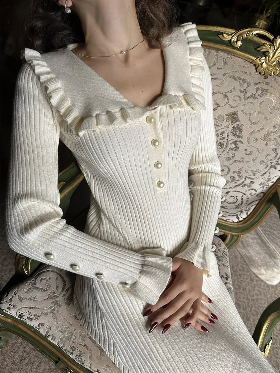 Dames getailleerde midi-jurk met ruffles en lange mouwen