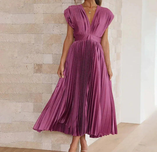 Elegante plissé maxi-jurk met diepe V-hals