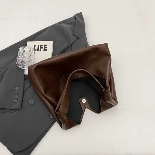 Leren shopper tas met brede handgreep