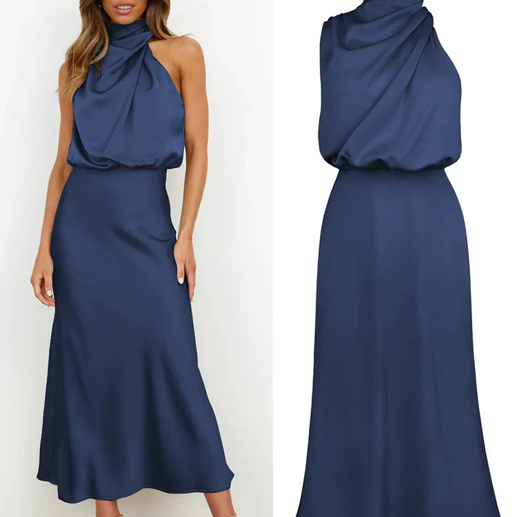 Elegante satijnen midi-jurk met asymmetrische halslijn