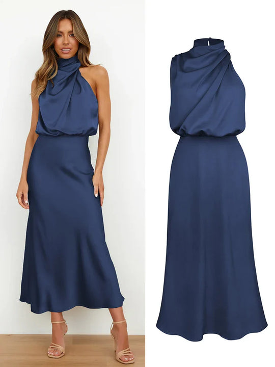 Elegante satijnen midi-jurk met asymmetrische halslijn