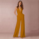 Effen Jumpsuit Dames – Comfortabele Wijde Broek met Korte Mouwen en Ceintuur
