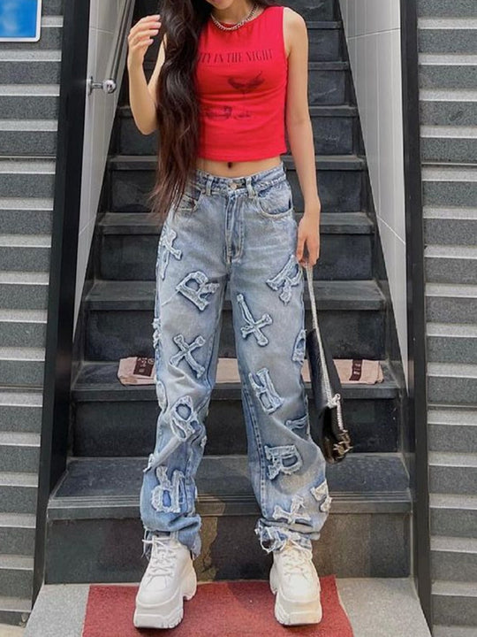 Dames Baggy Jeans met Unieke Applicaties