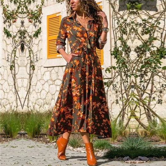 Herfst Maxi Jurk met Bloemenpatroon en Kraag