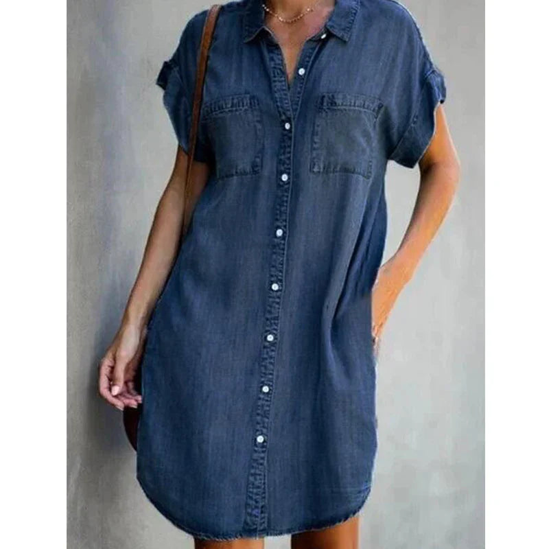 Dames Jeans Jurk met Korte Mouwen en Zakken