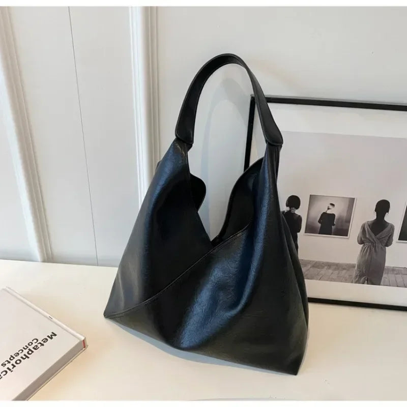 Leren shopper tas met brede handgreep